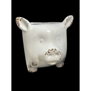 Pig Piglet Planter Rustic Farmyard Country Ceramic Distressed Stylized White